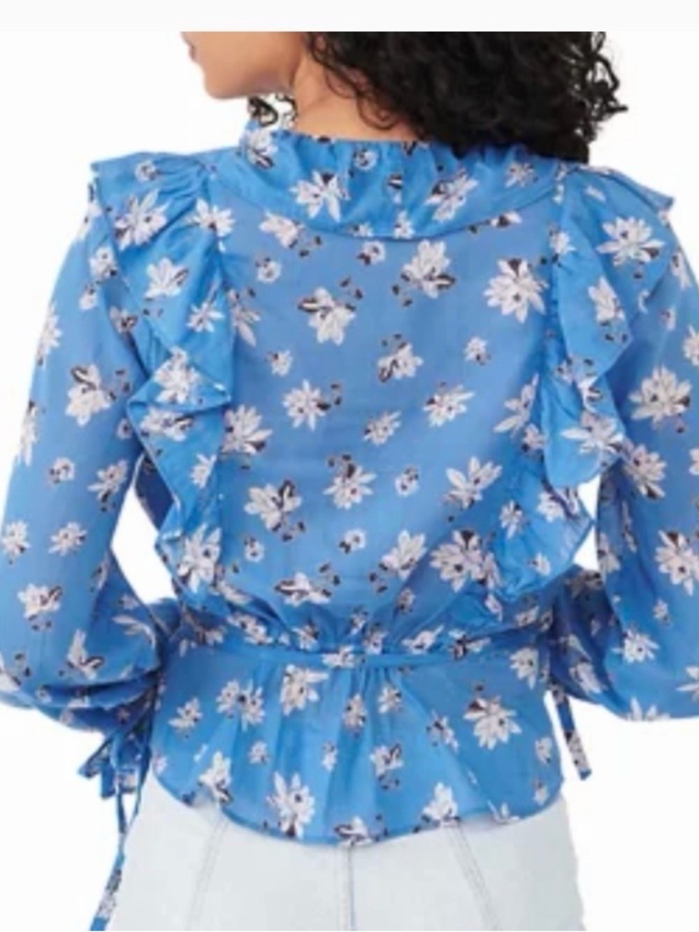 #681 Free People Amanda  Blue Floral Ruffle V-Neck Blouse - Picture 5 of 13